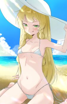 1girl absurdres alternate_costume beach bikini blonde_hair blue_sky blunt_bangs blush braid breasts cloud collarbone commentary_request curvy day dot_nose green_eyes groin hat highres licking_lips lillie_(pokemon) long_hair looking_at_viewer micro_bikini naughty_face nintendo ocean on_ground pokemon pokemon_sm shiny_skin side-tie_bikini_bottom sitting sky small_breasts smile solo straight_hair sun_hat swimsuit thong thong_bikini tongue tongue_out twin_braids user_kdhu8377 wariza water wide_hips