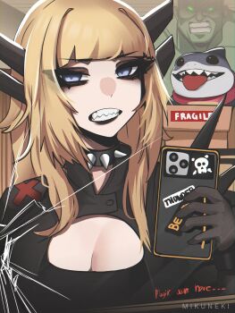 1girl absurdres artist_name blonde_hair blue_eyes box breasts cellphone cleavage cleavage_cutout clothing_cutout collar gloves highres holding holding_phone hulk jeff_(marvel) long_hair looking_at_viewer magik_(x-men) marvel marvel_rivals mikuneki mirror mirror_selfie phone punk selfie shark smartphone spiked_collar spikes x-men