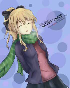 Rule 34 | 1girl, blind, blonde hair, blue background, blue jacket, bow, breasts, closed eyes, dated, green scarf, groundzeroace, jacket, long hair, pocket, ponytail, satou lilly, scarf, shirt, short hair, skirt, smile
