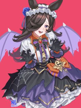 1girl animal_ears bat_wings black_bow black_gloves blue_flower blue_rose blush bow breasts brown_hair claw_pose fangs flipped_hair flower frilled_hairband frills gloves hair_over_one_eye hairband halloween halloween_costume hashtag-only_commentary highres horse_ears horse_girl horse_tail jack-o&#039;-lantern_ornament long_hair looking_at_viewer medium_breasts nillith official_alternate_costume open_mouth puffy_short_sleeves puffy_sleeves purple_eyes purple_wings rice_shower_(make_up_vampire!)_(umamusume) rice_shower_(umamusume) rose shirt short_sleeves simple_background skirt smile solo spider_web_print tail teeth umamusume white_shirt wings