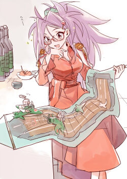 Rule 34 | 3girls, aircraft, airplane, alternate hairstyle, bespectacled, blush, bottle, breasts, cleavage, collared shirt, commentary request, fairy (kancolle), food, glasses, hair between eyes, hair ornament, hair scrunchie, hakama, hakama pants, highres, holding, japanese clothes, jun'you (kancolle), kantai collection, large breasts, long hair, long sleeves, multiple girls, open mouth, pants, ponytail, red hakama, red shirt, scroll, scrunchie, shirt, sitting, yutaka7