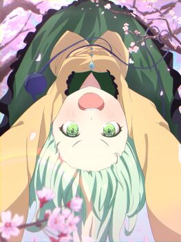 Rule 34 | 1girl, blue sky, blurry, blush, breasts, buttons, cherry blossoms, collared shirt, commentary request, day, depth of field, diamond button, eyeball, falling petals, frilled shirt collar, frilled skirt, frills, green eyes, green hair, highres, komeiji koishi, lark (2h9mti6xh72g79l), long sleeves, looking at viewer, no headwear, open mouth, petals, pink petals, shirt, skirt, sky, small breasts, solo, teeth, third eye, touhou, upper teeth only, upside-down, yellow shirt