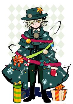 Rule 34 | 1boy, bow, candy, candy cane, checkered background, christmas ornaments, cloak, commentary request, edmond dantes (fate), fate/grand order, fate (series), fedora, food, gift, grey hair, hat, highres, kou jia, male focus, red bow, yellow eyes