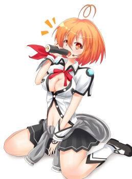 10s 1girl ahoge breasts cleavage female_focus food highres kami_jigen_game_neptune_v kneeling large_breasts looking_at_viewer makizushi marvelous marvelousaql_(neptunia) mas2000 matching_hair/eyes microphone midriff navel neptune_(series) orange_eyes orange_hair setsubun sexually_suggestive short_hair solo sushi symbol-shaped_pupils unbuttoned