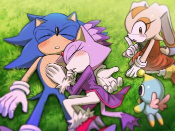 1boy 2girls animal_ears blaze_the_cat blue_fur blush cat_ears cat_girl cat_tail chao_(sonic) cheese_(sonic) cream_the_rabbit dress fur-trimmed_gloves fur-trimmed_shoes fur_trim furry furry_female furry_male gloves grass highres multiple_girls on_grass orange_dress purple_fur rabbit_ears rabbit_girl sonic_(series) sonic_the_hedgehog tail white_gloves yeonwu08