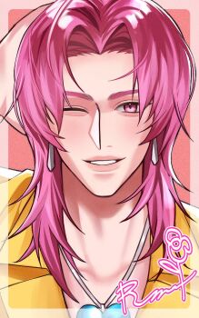 1boy aegyo_sal bad_id bad_twitter_id collared_shirt earrings jewelry kpop_demon_hunters looking_at_viewer male_focus medium_hair one_eye_closed pink_eyes pink_hair rerereri1353 romance_(kpop_demon_hunters) shirt smile solo yellow_shirt