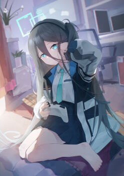 1girl absurdres aqua_eyes aqua_halo aqua_necktie aris_(blue_archive) barefoot black_hair black_hairband black_jacket black_skirt blue_archive blue_jacket blurry blurry_background bright_pupils chromatic_aberration closed_mouth collared_shirt controller depth_of_field double-parted_bangs full_body game_controller hair_between_eyes hairband halo hand_up highres holding holding_controller holding_game_controller hpyer indoors jacket long_bangs long_hair long_hair_between_eyes long_sidelocks long_sleeves looking_at_viewer multicolored_jacket necktie on_floor one_side_up open_clothes open_jacket pleated_skirt puffy_long_sleeves puffy_sleeves rectangular_halo ringed_eyes school_uniform shirt sidelighting sidelocks sitting skirt smile solo toes very_long_hair wariza white_jacket white_shirt