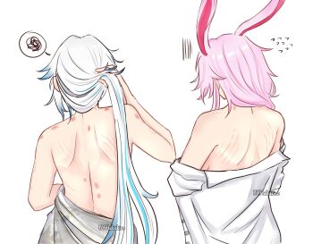 2girls absurdres aftersex animal_ears artist_name bite_mark blue_hair commentary english_commentary evanescia_(honkai:_star_rail) flying_sweatdrops fox_ears from_behind hakukiee hand_in_own_hair hickey highres honkai:_star_rail honkai_(series) long_hair multicolored_hair multiple_girls pink_hair scratches simple_background spoken_squiggle squiggle streaked_hair topless_female very_long_hair white_background white_hair yao_guang_(honkai:_star_rail) yuri