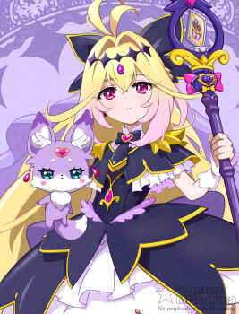 Rule 34 | 1girl, 32zzz, :3, animal ear fluff, animal ears, antenna hair, aqua eyes, artist name, black bow, black capelet, black dress, blonde hair, blush stickers, bow, braid, brooch, capelet, closed mouth, commentary, creature, crossed bangs, cure arcana shadow, diamond hairband, dress, earrings, english commentary, expressionless, fairy, forehead jewel, frilled capelet, frills, gem, gold trim, gradient background, gradient hair, hair between eyes, hair bow, hair intakes, hairband, half up braid, heart, heart-shaped blush stickers, heart brooch, highres, holding, holding staff, jewelry, lace background, long hair, looking at viewer, magical girl, mashu-tan, medium dress, meitantei precure!, moria luluka, multicolored hair, pink hair, precure, purple background, purple eyes, purple fur, purple gem, purple veil, sleeveless, sleeveless dress, smile, split mouth, staff, standing, tear arcana rod, two-tone hair, upper body, veil, very long hair, watermark, white wrist cuffs, wrist cuffs