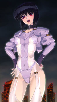 1girl :d black_choker black_hair black_sky blurry blurry_background bob_cut breasts choker cityscape cloud cowboy_shot dark_cloud fingerless_gloves ghost_in_the_shell gloves gluteal_fold hands_on_own_hips highleg highleg_leotard highres jacket kemurin kusanagi_motoko leotard long_sleeves looking_down medium_breasts multicolored_eyes night open_mouth pink_eyes purple_jacket red_eyes see-through_clothes shiny_skin short_hair sky smile solo standing teeth thighhighs white_thighhighs