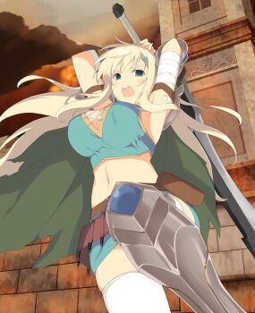 1girl absurdres aqua_eyes armor armpits bandaged_arm bandages bandolier belt belt_pouch bikini_armor blonde_hair blush breasts brick_wall cleavage gauntlets greatsword greaves green_hair_ornament green_skirt hair_ornament hairclip highres holding holding_sword holding_weapon huge_weapon imminent_attack incoming_attack large_breasts linea_alba long_hair looking_at_viewer navel official_alternate_costume open_mouth pouch revealing_clothes senra senran_kagura senran_kagura_new_wave senran_kagura_shoujo-tachi_no_shin&#039;ei skirt solo sword teeth thighhighs tower two-handed_sword upper_teeth_only v-shaped_eyebrows weapon white_thighhighs yomi_(senran_kagura)