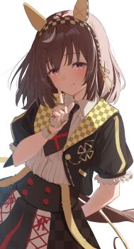 1girl absurdres animal_ears black_necktie black_skirt brown_hair buena_vista_(heroina_inocente)_(umamusume) buena_vista_(umamusume) cidersour collared_shirt commentary_request ear_covers highres horse_ears horse_girl horse_tail index_finger_raised necktie pink_eyes puffy_short_sleeves puffy_sleeves shirt short_hair short_sleeves simple_background skirt smile solo tail umamusume white_background white_shirt