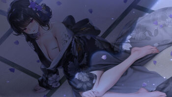 Rule 34 | 1girl, arm support, barefoot, black hair, black kimono, blush, breasts, cleavage, closed mouth, dark room, dutch angle, falling petals, floral print, floral print kimono, flower, goddess of victory: nikke, hair flower, hair ornament, highres, japanese clothes, kimono, large breasts, legs, petals, print kimono, purple flower, purple petals, revision, ruhee, sakura (nikke), single bare shoulder, single off shoulder, sitting, solo, tatami, tattoo, toes, yokozuwari