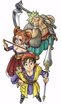 1girl 2boys animal animal_on_shoulder aqua_pants arm_hair bandana belt black_boots black_eyes blue_shirt boots bracelet breasts brown_belt brown_hair brown_shoes chest_hair cleavage commentary_request corset cross_scar dragon_quest dragon_quest_viii earrings facial_hair facial_scar fat fat_man from_above fur_vest hand_on_own_hip hero_(dq8) highres holding holding_polearm holding_scythe holding_weapon holding_whip jessica_albert jewelry lance large_breasts looking_at_viewer looking_to_the_side looking_up multiple_boys munchie_(dq8) murakami_yumiko nose_picking off-shoulder_shirt off_shoulder official_art orange_bandana orange_eyes orange_hair pants polearm purple_shirt red_sash red_skirt sash scar scar_on_arm scar_on_cheek scar_on_face scythe shirt shoes short_hair sideboob skirt sleeves_rolled_up smile sphere_earrings spiked_helmet stubble toriyama_akira_(style) twintails vest weapon white_background yangus yellow_corset yellow_vest