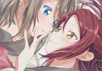 2girls absurdres blue_eyes closed_mouth commentary_request eye_contact grey_hair highres long_hair looking_at_another love_live! love_live!_sunshine!! multiple_girls parted_lips red_hair sakurauchi_riko school_uniform short_hair smile uranohoshi_school_uniform watanabe_you yellow_eyes yuchi_(salmon-1000) yuri