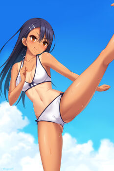 >:) 1girl bare_arms bare_legs bare_shoulders bikini black_hair blue_sky blush breasts cameltoe cleavage closed_mouth cloud collarbone commentary cygnus_(cygnus7) day gluteal_fold hair_ornament hairclip high_kick highres ijiranaide_nagatoro-san kicking long_hair medium_breasts nagatoro_hayase one-piece_tan outdoors red_eyes sky smile solo standing standing_on_one_leg sweat swimsuit tan tanline v-shaped_eyebrows white_bikini