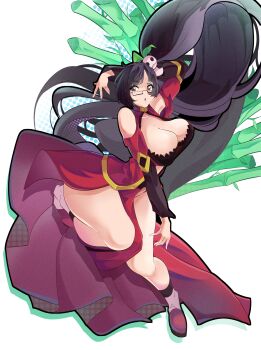 1girl absurdres arc_system_works bare_shoulders black_bra black_hair blazblue blazblue:_central_fiction bra breasts china_dress chinese_clothes cleavage cleavage_cutout clothing_cutout commentary curvy dress english_commentary full_body glasses hair_ornament highres huge_breasts litchi_faye_ling long_hair molu_(molu-molu) narrow_waist panda_hair_ornament parted_lips pelvic_curtain ponytail red_dress red_eyes semi-rimless_eyewear solo thick_thighs thighs underwear very_long_hair wide_hips