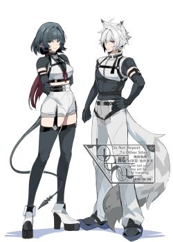 Rule 34 | 1boy, 1girl, alternate costume, animal ear fluff, animal ears, arm strap, arms behind back, black hair, blue eyes, bra, cat boy, cat ears, cat tail, closed mouth, colored tips, commentary request, crop top, detached sleeves, full body, garter straps, grey shirt, grey shoes, grey thighhighs, hair between eyes, hair intakes, hand on own hip, high-waist shorts, highres, holding own arm, jane doe (zenless zone zero), long hair, long tail, mouse ears, mouse girl, mouse tail, multicolored hair, necktie, pants, purple eyes, seth lowell, shadow, sharp tail, shirt, shoes, short hair, shorts, simple background, smile, standing, tail, thighhighs, to te na, two-tone necktie, underwear, white background, white bra, white hair, white pants, white shoes, white shorts, white tail, zenless zone zero