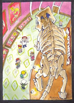 2girls 5boys akahanadragon ammonite backpack bag black_border black_hair blonde_hair border brown_hair copyright_name display_case door fossil from_above hat indoors jeff_andonuts looking_up mother_(series) mother_2 mr._spoon_(mother_2) multiple_boys multiple_girls museum necktie ness_(mother_2) nintendo paula_(mother_2) red_hair shirt shrugging skeleton striped_clothes striped_shirt traditional_media twintails white_hair