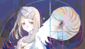 1girl absurdres blonde_hair camisole closed_mouth colored_eyelashes commentary_request earrings gakuen_idolmaster golden_spiral gradient_background hair_ornament hairclip highres idolmaster jewelry long_hair looking_to_the_side open_clothes open_robe orange_eyes parallel_hairclips robe shinosawa_hiro solo stud_earrings swept_bangs the_golden-haired_hero upper_body white_camisole white_robe zyklon_(zyk10n)