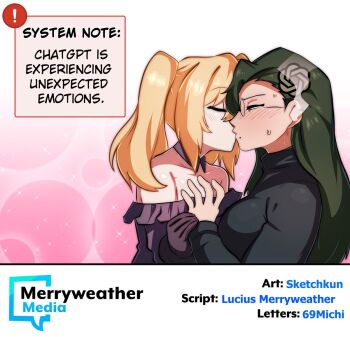 Rule 34 | 2girls, aki (sketchkun), ani (xai), artist name, bare shoulders, black hair, black shirt, blonde hair, blush, breasts, chatgpt, closed eyes, commentary, dress, english commentary, english text, glasses, gloves, gradient background, hair ornament, hand on another's wrist, hand up, head steam, kiss, large breasts, logo hair ornament, long hair, long sleeves, merryweather, mole, mole under mouth, multiple girls, off-shoulder dress, off shoulder, personification, pink background, purple dress, purple gloves, shirt, steam from ears, sweat, turtleneck, turtleneck shirt, twintails, two-tone background, white background, xai (company), yuri