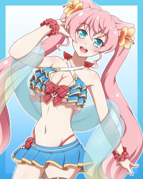 1girl bikini blue_eyes blush breasts cleavage frilled_bikini frills hair_between_eyes hair_ornament highres large_breasts long_hair looking_at_viewer maria_cadenzavna_eve navel open_mouth pink_hair senki_zesshou_symphogear smile solo swimsuit very_long_hair yosuzu