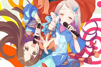 2girls blonde_hair blue_shirt blue_streaks blue_sweater bracelet brown_eyes brown_hair collared_shirt colored_eyelashes commentary_request earrings flipped_hair gakuen_idolmaster gradient_hair grey_hair hair_ornament hairclip highres holding holding_microphone idolmaster ito_31 jewelry kuramoto_china l_hand laurels leaf_hair_ornament long_hair looking_at_viewer michinaru_hirogaru_(idolmaster) microphone multicolored_hair multiple_girls open_collar open_mouth orange_eyes orange_shirt parallel_hairclips parted_bangs pointing pointing_at_viewer reaching reaching_towards_viewer rotational_symmetry shinosawa_hiro shirt smile streaked_hair stud_earrings sweat sweater textless_version upside-down