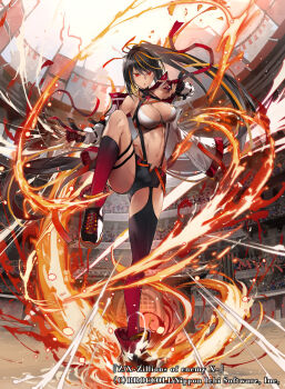 1girl black_hair black_shoes black_shorts breasts cleavage colosseum copyright_notice fingerless_gloves fire gloves hair_ribbon high_ponytail highres ichibakase_hajime jacket kneehighs large_breasts long_hair multicolored_hair multicolored_shoes navel nishiide_kengorou official_art open_clothes open_jacket orange_hair orange_ribbon ponytail red_bandage red_eyes red_ribbon ribbon shoes shorts single_kneehigh single_sock single_thighhigh socks solo standing standing_on_one_leg thighhighs very_long_hair white_jacket white_shoes z/x