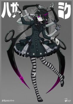 1girl absurdres ahoge alternate_costume black_dress black_eyes black_hair black_nails black_shoes bow bowtie braid breasts chain character_name collared_dress crinoline cuffs doll_joints dress earrings extra_arms full_body gloves green_dress grey_background hair_bow hashtag hatsune_miku head_tilt highres jewelry joints long_hair long_sleeves looking_at_viewer mismatched_pupils mismatched_sclera pale_skin pantyhose parted_lips petticoat prehensile_hair scissors shackles shoes side_braids single_earring single_glove skirt_hold small_breasts solo standing standing_on_one_leg stitched_neck stitches striped_clothes striped_pantyhose torn_clothes torn_pantyhose triangle_mouth v v_over_eye very_long_hair vocaloid wawasuke white_gloves