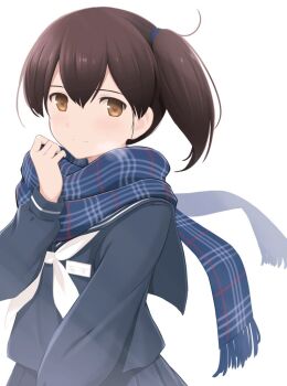 1girl azuki-iro blue_sailor_collar blue_scarf blue_skirt breath brown_eyes brown_hair closed_mouth commentary_request hair_between_eyes kaga_(kancolle) kantai_collection long_sleeves looking_at_viewer neckerchief plaid_clothes plaid_scarf pleated_skirt sailor_collar scarf school_uniform serafuku side_ponytail signature simple_background skirt solo upper_body white_neckerchief