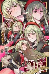 1girl ;) absurdres arrow_(symbol) ascot bang_dream! bang_dream!_it&#039;s_mygo!!!!! beret black_border black_capelet black_skirt black_wrist_cuffs border buttons capelet closed_mouth colored_shadow drop_shadow earrings electric_guitar expressionless floating_hair frilled_capelet frills gold_trim green_brooch green_hair guitar guitar_strap hand_up hashtag-only_commentary hat hero45439083942 highres holding holding_guitar holding_instrument holding_plectrum instrument jewelry long_hair long_sleeves looking_ahead looking_at_viewer mirror mortis_(bang_dream!) mortis_(costume)_(bang_dream!) multiple_views music no_mask one_eye_closed playing_instrument plectrum red_background red_capelet red_hat see-through_clothes see-through_sleeves shadow shirt skirt smile sparkle wakaba_mutsumi white_ascot white_shirt white_sleeve_cuffs wrist_cuffs yellow_eyes