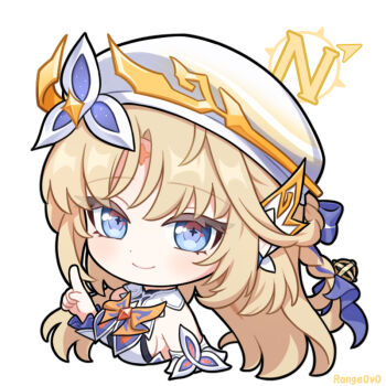 1girl artist_name bare_shoulders beret blonde_hair blue_eyes breasts chibi cross-shaped_pupils dress facial_mark forehead_mark genshin_impact hat jiu_fanglianhua long_hair looking_at_viewer nicole_reeyn sideboob simple_background smile solo symbol-shaped_pupils white_background white_dress white_hat