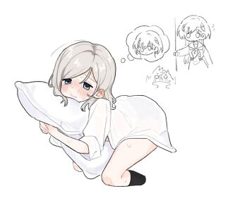 Rule 34 | 2girls, basil (wgh0anzdple3asf), black socks, blue eyes, blush, ceras yanagida lilienfeld, commentary request, flying sweatdrops, grey hair, hair ornament, jellyfish cut, katsuragi izumi, kneehighs, korean commentary, link! like! love live!, long hair, long shirt, love live!, multiple girls, multiple views, nose blush, partially colored, shirt, simple background, socks, speech bubble, spoken character, sweat, thought bubble, triangle hair ornament, virtual youtuber, white background, white shirt, yuri