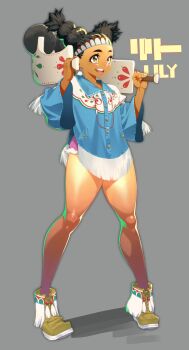 1girl black_hair blue_jacket boots braid brown_boots brown_hair capcom character_name dark-skinned_female dark_skin dual_wielding earrings grey_background headband holding holding_weapon jacket jewelry lily_hawk long_sleeves misimagunamu multi-tied_hair native_american necklace open_mouth oversized_clothes oversized_jacket pink_shorts shoes short_shorts shorts smile standing street_fighter street_fighter_6 teeth thighs twin_braids upper_teeth_only weapon wide_sleeves yellow_eyes