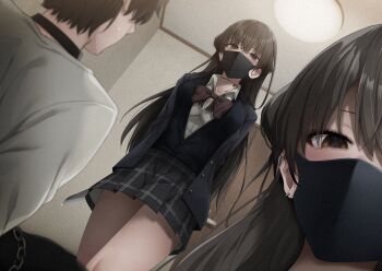 1boy 1girl absurdres black_hair black_jacket black_skirt blush brown_eyes collared_shirt covered_mouth ear_piercing highres indoors jacket konata_(kankin_jk) long_hair looking_at_another mask mishiranu_joshikousei_ni_kankin_sareta_mangaka_no_hanashi mouth_mask open_clothes open_jacket piercing plaid_clothes plaid_skirt ryouma_(galley) school_uniform shirt skirt standing thighs white_shirt