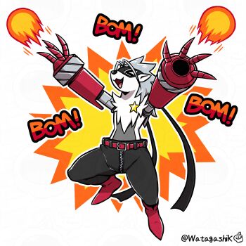 &gt;_&lt; 1girl :3 :d absurdres arm_cannon arms_up belt black_mask black_pants black_ribbon body_fur boots claws closed_eyes commentary_request digimon digimon_(creature) eye_mask fang fireball firing full_body furry furry_female grey_fur grey_hair happy highres long_hair mask motion_lines open_mouth pants pointy_ears red_belt red_boots ribbon signature simple_background smile solo sound_effects spiked_hair standing star_(symbol) twitter_username two-tone_fur watagashikn weapon white_background white_fur wolvermon zipper