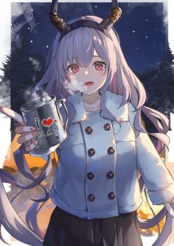 18_yen_coin 1girl :d absurdres arknights black_hairband black_horns breath commentary_request cowboy_shot cup drink fang fingernails grey_hair grey_jacket hairband heart highres holding holding_drink horns incoming_drink jacket long_hair long_sleeves looking_at_viewer mug open_mouth partial_commentary pink_eyes skin_fang smile solo standing steam typhon_(arknights) very_long_hair winter