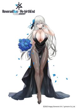 1girl black_choker black_dress blue_flower blue_petals blue_rose bouquet breasts choker cleavage commentary_request copyright_name copyright_notice dress falling_petals flower grey_eyes grey_hair hair_flower hair_ornament highres holding holding_bouquet jewelry large_breasts long_hair necklace pantyhose pelvic_curtain petals revealing_clothes reverseblue_x_re-birthend rose sideboob sleeveless sleeveless_dress solo teddypocky white_background zero_(reverseblue)