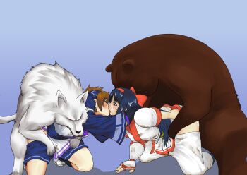 2girls absurdres ass bear bestiality bisexual_female blue_eyes blue_hair blush breasts brown_eyes brown_hair clothes_pull cum cum_on_body cum_on_hair dirty dirty_clothes doggystyle facial fingerless_gloves french_kiss gloves hair_ribbon highres hug kiss kneeling lipstick long_hair makeup medium_breasts multiple_girls nakoruru pants pants_pull ribbon rimururu samurai_spirits sex sex_from_behind short_hair shorts shorts_pull siblings sisters snk wolf