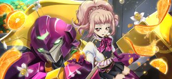 1girl anya_alstreim black_skirt code_geass code_geass:_fukkatsu_no_lelouch code_geass:_lost_stories commentary_request f4samurai gloves highres knightmare_frame long_hair mecha miniskirt necktie official_art open_mouth pink_hair ponytail purple_gloves purple_necktie purple_thighhighs red_eyes robot skirt smile solo thighhighs