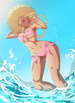 1girl bikini blonde_hair blue_eyes blue_sky braid breasts cammy_white food hat long_hair popsicle sky straw_hat street_fighter street_fighter_6 swimsuit tan tanline theicecreamcones underboob water