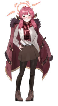 Rule 34 | 1girl, ^ ^, amiris (amiris76455574), aru (blue archive), black pantyhose, blue archive, blush, brown shoes, brown skirt, closed eyes, coat, coat on shoulders, commentary, demon horns, facing viewer, full body, fur-trimmed coat, fur trim, halo, hand on own hip, highres, horns, korean commentary, pantyhose, pink hair, plaid clothes, plaid scarf, red scarf, scarf, shoes, simple background, skirt, smile, solo, sweater, white background, white sweater