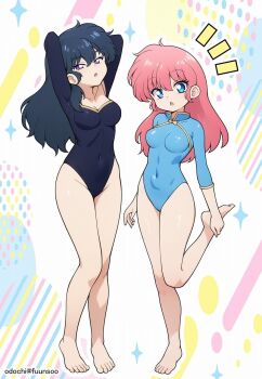 2girls alternate_hairstyle athletic_leotard barefoot black_hair blue_eyes blue_leotard breasts brown_eyes chinese-styled_leotard commentary_request covered_navel full_body hair_down highleg highleg_leotard highres kunou_kodachi leotard medium_breasts multiple_girls notice_lines odochi_(1or8) ranma-chan ranma_1/2 red_hair second-party_source standing three-quarter_sleeves
