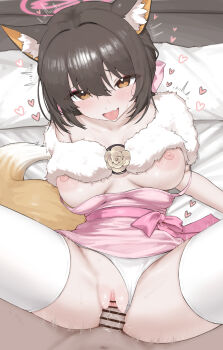 1boy 1girl absurdres alternate_breast_size_(larger) animal_ears bar_censor blue_archive blush bow breasts breasts_out brown_hair capelet censored clitoral_hood clothed_sex clothes_lift clothes_pull clothing_aside commentary_request dress dress_lift dress_pull eyeliner fang feet_out_of_frame fox_ears fox_girl fox_tail fur_capelet furrowed_brow hair_between_eyes hair_bow heart heart_in_eye hetero highres izuna_(blue_archive) izuna_(dress)_(blue_archive) large_breasts looking_at_viewer lying makeup missionary nipples official_alternate_costume on_back on_bed open_mouth orange_eyes panties panties_aside partial_commentary penis pillow pink_bow pink_dress pink_sash pov pussy pussy_juice rainbow_goreinu red_eyeliner sash short_hair skin_fang sleeveless sleeveless_dress smile solo_focus spread_legs strap_slip sweat symbol_in_eye tail thighhighs tongue underwear vaginal white_panties white_thighhighs wide_spread_legs