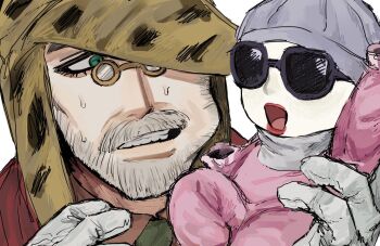 1boy achtung_baby baby beanie beard cheek_squash coat commentary commentary_request diamond_wa_kudakenai facial_hair glasses gloves green_eyes green_necktie grey_hat hat highres invisible jojo_no_kimyou_na_bouken joseph_joestar joseph_joestar_(old) luen24755844 makeup male_focus mustache necktie old old_man open_mouth pince-nez red_coat red_lips shizuka_joestar sunglasses sweat teeth white_background white_gloves yellow_hat