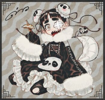 1girl animal_print bag bag_charm bear_print bim0ngsam0ng black_border black_dress black_hair black_pantyhose border bun_cover charm_(object) chinese_clothes chopsticks commentary_request double_bun dress drooling dumpling empty_eyes food food-themed_bag framed frilled_dress frilled_sleeves frills full_body fur-trimmed_sleeves fur_collar fur_trim gauze gauze_over_eye glasgow_smile grey_background grey_eyes hair_bun hand_up holding holding_chopsticks jiaozi korean_commentary lolita_fashion long_sleeves looking_at_viewer one_eye_covered open_mouth original ornate_border panda_print pantyhose qi_lolita red_pupils sharp_teeth short_hair shoulder_bag shoulder_strap signature sitting sleeves_past_fingers sleeves_past_wrists solo teeth thick_eyebrows torn_clothes torn_pantyhose wavy_background wide-eyed wide_sleeves yokozuwari