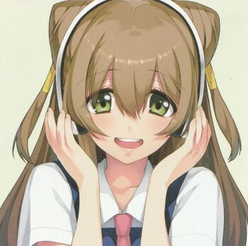 brown_hair cone_hair_bun earphones green_eyes hair_bun hair_buns hands_on_ears happy listening_to_music long_hair nanairo_reincarnation no_background scan smile sumeragi_kohaku takigawa_kotori