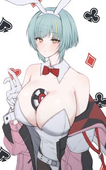 1girl absurdres animal_ears aqua_hair bare_shoulders belt between_breasts black_survival bow bowtie breasts brown_pantyhose celine_marie_noel cleavage closed_mouth commentary cowboy_shot detached_collar eternal_return:_black_survival expressionless fake_animal_ears gadeung_hye gloves hairband highres jacket large_breasts leotard looking_at_viewer multicolored_hair object_on_breast off_shoulder pantyhose pink_jacket playboy_bunny poker_chip rabbit_ears short_hair solo strapless strapless_leotard streaked_hair white_gloves white_hairband white_leotard yellow_eyes