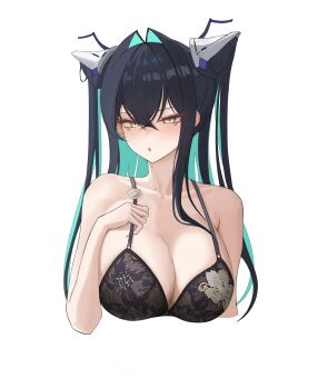 1girl absurdres aqua_hair black_bra bra breasts colored_inner_hair goddess_of_victory:_nikke hair_intakes highres lace lace-trimmed_bra lace_trim little_mermaid_(nikke) multicolored_hair open_mouth ppppp958958 simple_background solo underwear upper_body white_background yellow_eyes