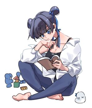 1girl absurdres anco_(platanity) barefoot black_tank_top blue_eyes blue_hair boros_(ouro_kronii) breasts cleavage commentary double_bun hair_bun hair_intakes hand_on_own_chin highres hololive hololive_english indian_style kronie_(ouro_kronii) multicolored_hair open_clothes open_shirt ouro_kronii reading shirt sitting streaked_hair symbol-only_commentary tank_top toy_block virtual_youtuber white_shirt